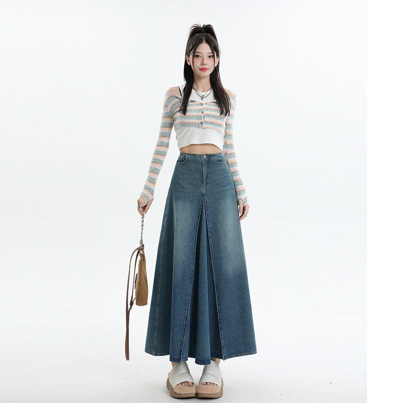 Women's Dress  Washed Spliced A-Line Midi Slim Fit Versatile Denim Skirt