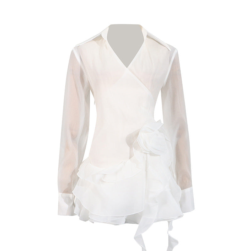 French Style Sexy Light Mature Wind Shirt Dress V-neck Splicing Flower Ruffle Ribbon Dress