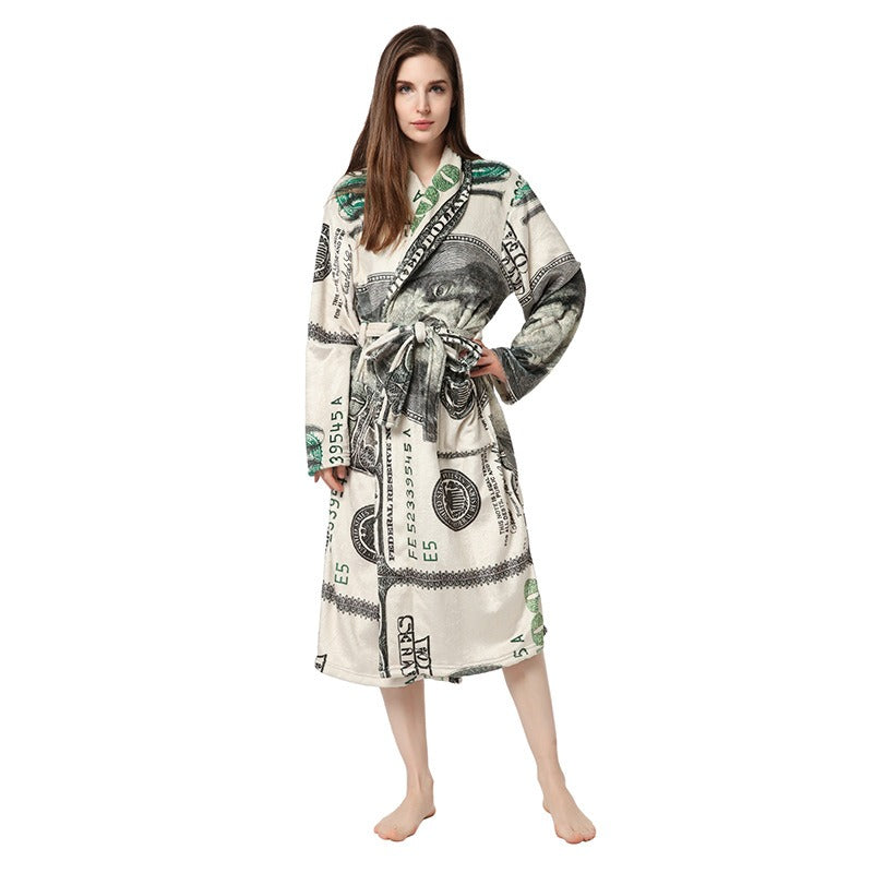 New US Dollar Printed Nightgown Couple Hooded Nightgown Flannel Bathrobe Personality Nightgown