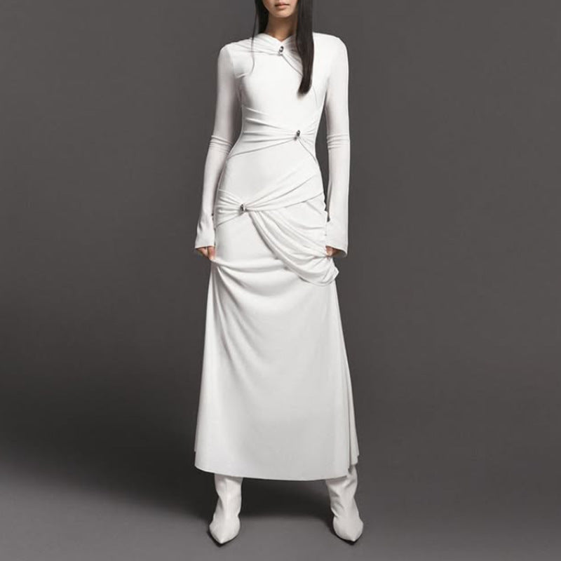 Style Long Dress Fashion Pleated Design Round Neck Pullover Long Dress Women Summer