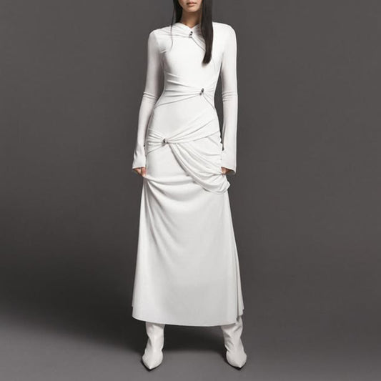 Style Long Dress Fashion Pleated Design Round Neck Pullover Long Dress Women Summer