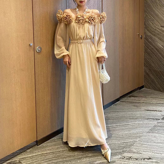 French Sexy Elegant Three-Dimensional Flower One-Shoulder Lantern Sleeve Solid Color Women's Long Dress