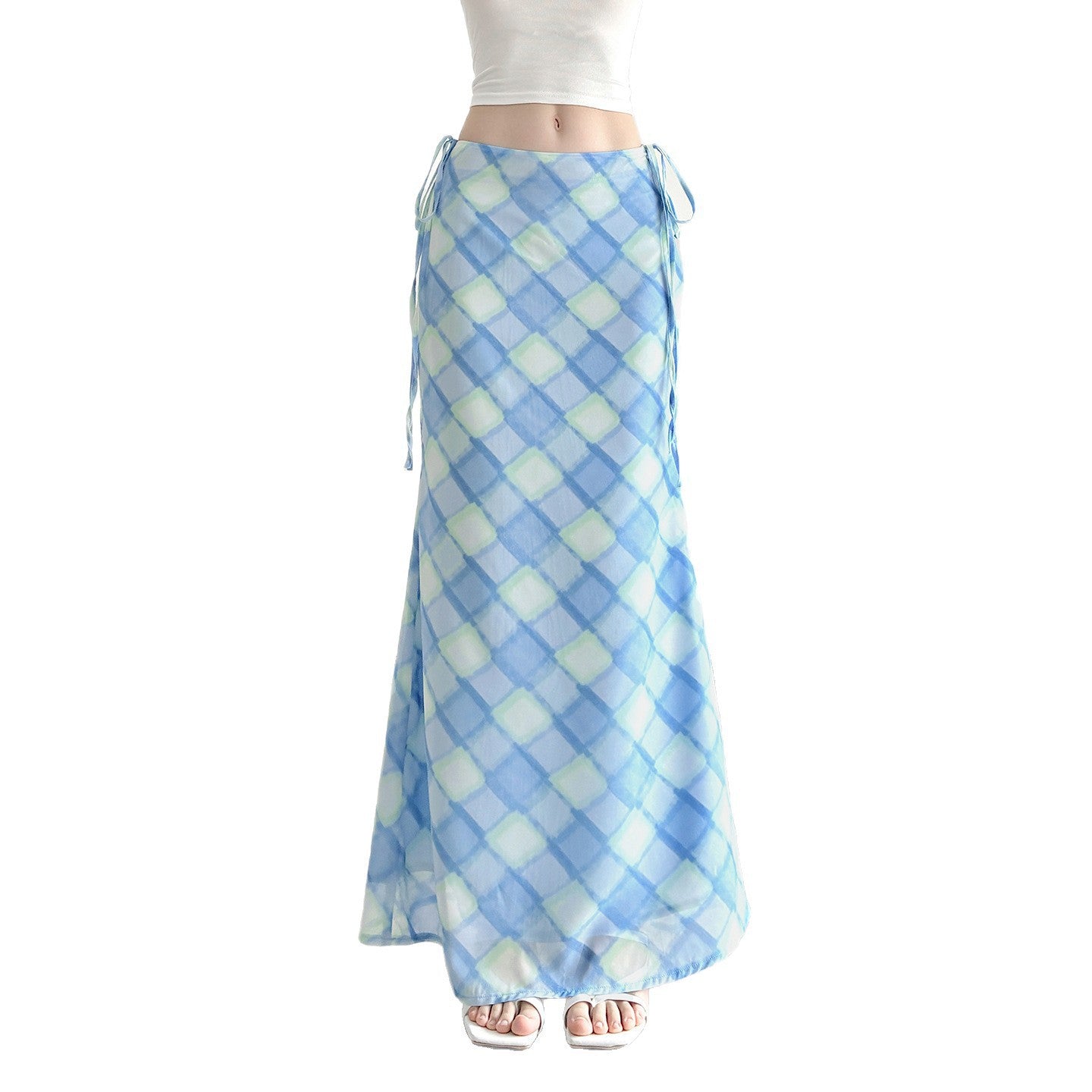 Blue checkered spliced low waist strap waist hugging long skirt