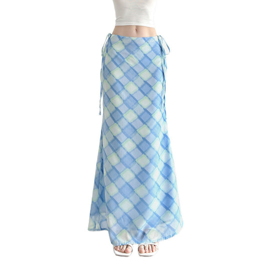 Blue checkered spliced low waist strap waist hugging long skirt