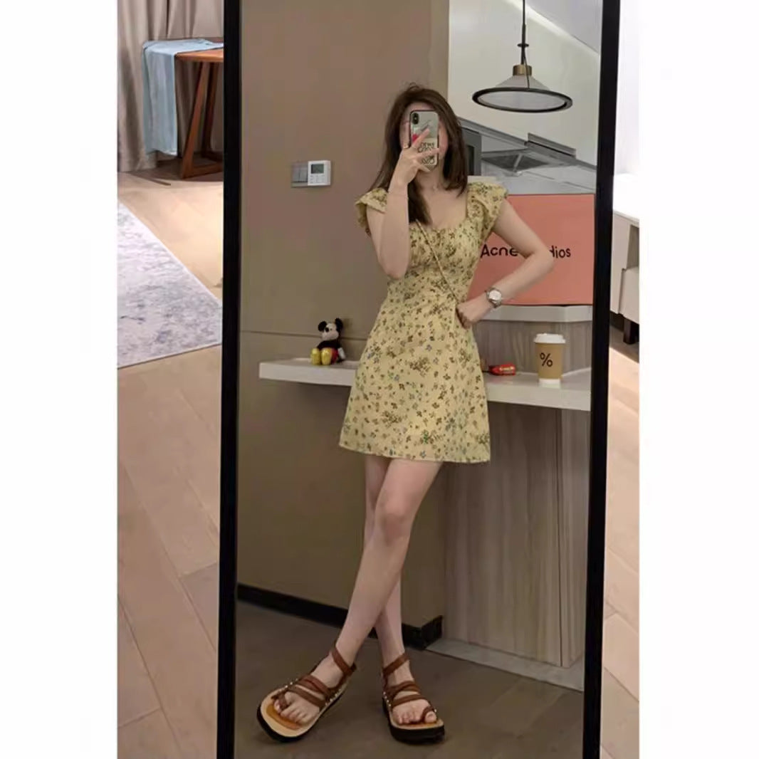 Yellow Floral Slimming High-Waist French Square Neck Flutter Sleeve Elegant Gentle Floral Print Long Dress