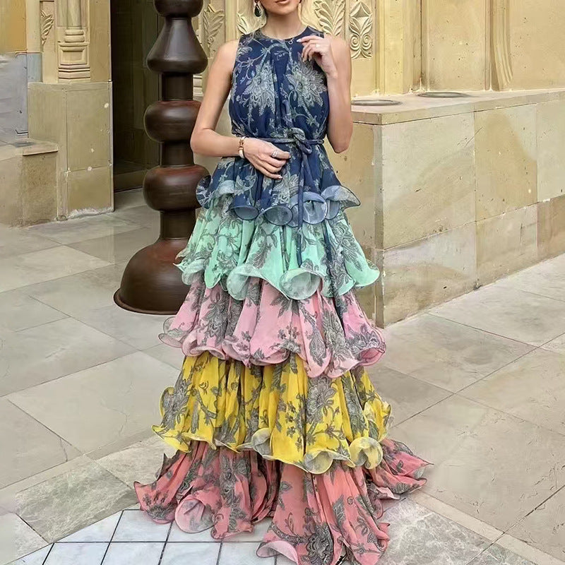 Bohemian Retro Style Halter Sleeveless Design Ruffle Hem Long Dress for Women